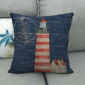 Linen lighthouse and nautical anchor throw pillow cover on a grey sofa - 45x45cm / Dark Blue Wood Grain Lighthouse (Style 6)