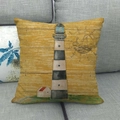 Detailed close-up of a nautical lighthouse linen pillow cover on a grey sofa background - 45x45cm / Bright Yellow Wood Grain Lighthouse (Style 7)