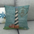Linen cushion cover with nautical lighthouse and sailboat print on a gray fabric sofa - 45x45cm / Cyan Wood Grain Lighthouse Sailboat (Style 9)
