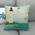 Linen cushion cover with watercolor lighthouse collage art on a grey sofa background - 45x45cm / Light Blue Collage Lighthouse (Style 10)