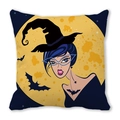 Halloween pillow cover with stylish witch, bats and moon on deep blue peach skin fabric - 45x45cm / Fashion Illustration Wizard Girl Style (38)