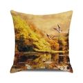 Square fall cushion cover with oil painting of autumn trees, lake, and flying birds - Lake Boat Flying Birds (37) / 45x45cm