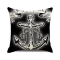 Detailansicht eines quadratischen schwarzen Kissenbezugs mit weißem Ankermuster-Druck - Black Background White Anchor