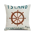 Detail eines Kissenbezugs im nautischen Stil mit rotem Steuerrad und Leinentextur - Island Pier Helm Pattern