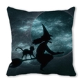 Halloween decorative pillow case featuring a witch and black cat silhouette on a blue moon - 45x45cm / Ghostly Blue Nebula Moon Night Witch Style (22)