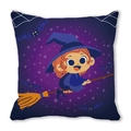 Halloween pillow cover with purple cartoon witch on broom and bats graphic print - 45x45cm / Dark Purple Cartoon Little Witch Style (24)