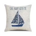 Kissenhülle aus Leinen mit blauem Segelboot-Motiv und Sail Away With Me Text - Sail Away With Me Textstil