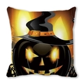 Halloween decorative pillow cover featuring a glowing pumpkin with a black wizard hat - 45x45cm / Wizard Hat Black Pumpkin Style (26)