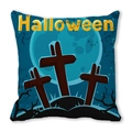 Detail eines Halloween-Kissenbezugs mit blauem Mond, Kreuzen und Waldsilhouette - Kreuze Totholz Vollmond Stil(4)