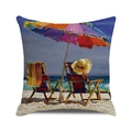 Kissenbezug mit Ölmalerei-Strandmotiv auf Leinenstoff für ein sommerliches Zuhause - Bunter Sonnenschirm Strand / 45x45 cm