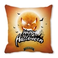 Detail of Happy Halloween pillow case with pumpkin face, moon, and bats on peach skin fabric - Jack-o'-lantern Smile and Graveyard Style(18)
