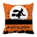 Happy Halloween pillow cover featuring orange background with a flying witch and bats - 45x45cm / Bright Orange Silhouette Art Style (27)