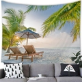 Tropical beach tapestry with palm trees and lounge chairs hanging over a gray sofa - 15 / 100x70(Short Plush)