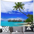 Tropical beach tapestry featuring palm trees and turquoise ocean over a modern gray sofa - Peach Skin / 100x70cm / Island Thatched Hut Style (11)
