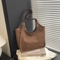 Minimalist large capacity dark brown suede tote bag for women with shoulder strap - Brown - Without Pendant