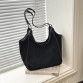 Minimalist black suede tote bag with leather trim and long shoulder straps for work - Black - Without Pendant