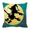 Halloween witch silhouette on yellow moon cushion cover in teal green peach skin fabric - 45x45cm / Green Tone Bright Yellow Full Moon Style (30)