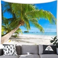Tropical beach wall tapestry with palm trees hanging above a gray sofa in a living room - 18 / 100x70(Short Plush)