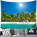 Tropical beach tapestry with coconut trees and blue ocean over a grey sofa - Peach Skin / 100x70cm / Noon Sun Beach Style (15)
