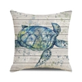 Watercolor sea turtle throw pillow cover with linen texture and rustic wood background - Watercolor Wood Blue Gray Turtle (ZX309-32) / 18x18 Inch