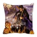 Square Halloween cushion cover with cartoon witch and pumpkin in purple and orange - 45x45cm / Purple Black Full Illustration Style (31)