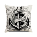Housse de coussin carrée avec motif ancre et vagues vintage en texture lin - Ancre de Vague de Tatouage Noir Blanc (32)