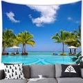 Tropical island scenery wall tapestry with palm trees and blue pool over a grey sofa - Peach Skin / 100x70cm / Island Resort Pool Style (13)