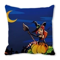 Square Halloween cushion cover with red-haired witch sitting on a pumpkin - 45x45cm / Red Hair Little Witch Sitting on Pumpkin Style (33)