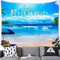 Tropical beach summer wall tapestry featuring blue ocean, sand, and beach chairs - 16 / 100x70(Short Plush)