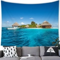 Tropical beach tapestry featuring ocean view and beach house over a modern sofa - Peach Skin / 100x70cm / Seaside White Yacht Style (18)