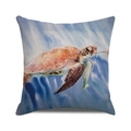 Square cushion cover featuring watercolor sea turtle with a flower on blue background - Watercolor Realistic Turtle with Flower (ZX309-35) / 18x18 Inch