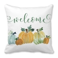 Watercolor pumpkin welcome cushion cover in white peach skin fabric for autumn decor - 18x18 Inch / Welcome Blue And Orange Pumpkins Style (27)