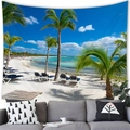 Tropical beach tapestry with coconut trees and ocean view over a grey sofa - Peach Skin / 100x70cm / Seaside Beach Chairs Style (17)