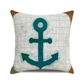 Housse de coussin nautique vintage avec ancre bleu sarcelle sur tissu en lin - Ancre Turquoise Vintage Usée (37)