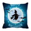 Halloween pillow cover featuring a witch silhouette against a blue moon on peach skin fabric - Witch Flying Over Moon Silhouette Style(17)