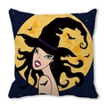 Halloween pillow cover with dark blue witch and orange moon illustration design - 45x45cm / Dark Blue Base Pointed Hat Witch Style (35)