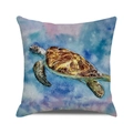 Watercolor sea turtle square cushion cover made of textured cotton linen fabric - Deep Blue and Light Purple Turtle (ZX309-37) / 18x18 Inch