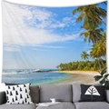 Tropical beach tapestry with coconut palms and blue sea hanging over a modern gray sofa - Peach Skin / 100x70cm / Refreshing Seaside Beach Style (16)