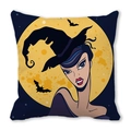 Halloween pillow cover with cartoon witch and bats illustration on peach skin fabric - 45x45cm / Purple Short Hair Witch Full Moon Style (36)