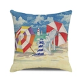 Quadratischer Kissenbezug aus Leinen mit Aquarell-Strandszene und bunten Sonnenschirmen - 45x45 cm / Aquarell Strand Segelboot(36)