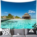 Tropical island tapestry with water bungalows and palm trees over modern sofa - Peach Skin / 100x70cm / Island Overwater Bungalow Style (19)