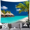 Tropical beach tapestry featuring palm trees and water bungalows for home decor - Peach Skin / 100x70cm / Palm Tree Beach Resort Style (20)