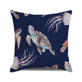 Watercolor sea turtle and jellyfish pattern on a dark blue square cushion cover - Deep Blue Hand-drawn Turtle Jellyfish (ZX309-40) / 18x18 Inch