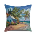 Kissenbezug im Ölgemälde-Stil mit tropischer Meereslandschaft und blauem Häuschen - 45x45 cm / Tropische Strandlandschaft(40)