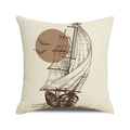 Square beige cotton linen cushion cover with vintage brown sailing ship and sun sketch - Vintage Brown Sailboat Sketch (1)