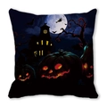 Halloween pumpkin and witch illustration on black peach skin square cushion cover - Black Background Halloween Castle Style(26)