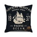 Detailed close-up of a vintage sailing boat pattern on a navy cotton linen pillow cover - Dark Blue Vintage Pacific Nautical (3)
