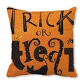 Detailed view of Trick or Treat Halloween cushion cover with black cat and pumpkin prints - Spider Web Trick or Treat Style (ZT360-34) / 18x18 Inch / Orange