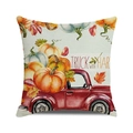 Detailed texture of linen cushion cover featuring watercolor harvest pumpkin truck print - One Size / Red Pickup With Harvest Truck Style (6)