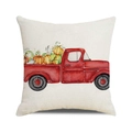 Close-up of textured cotton linen pillowcase with watercolor pumpkin truck print - One Size / Red Retro Pickup Loaded With Harvest Style (20)